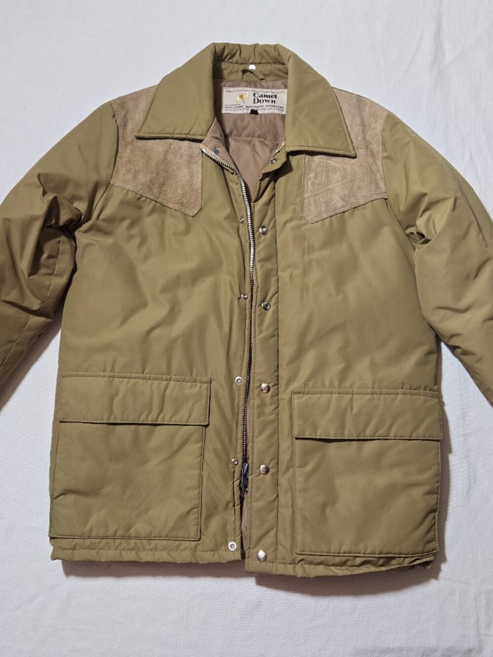 Vintage "Camel Down" Tan Ski Jacket with Suede Shoulder Accents
